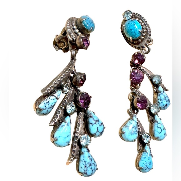 Vintage clip on rhinestone dangle earrings turquoise and purple rhinestones - Picture 3 of 9
